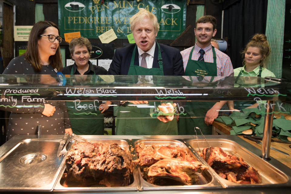  Prime Minister Boris Johnson, visits the Royal Welsh Showground, in Llanelwedd, Builth Wells
whilst on the General Election campaign trail. PA Photo. Picture date: Monday November 25, 2019. See PA story POLITICS Election. Photo credit should read: Stefan Rousseau/PA Wire 