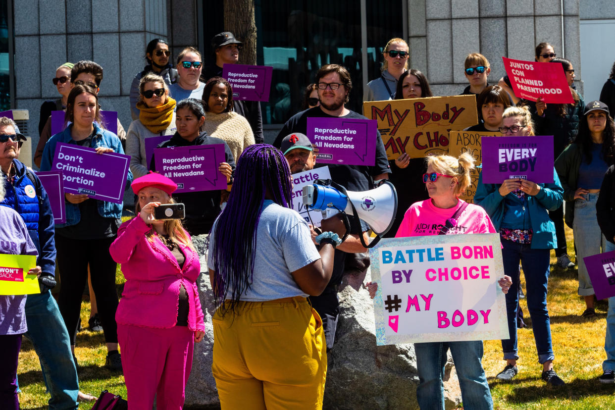 Protesters gather in front of the federal courthouse in Reno, Nev., Tuesday. (Ty O'Neil/SOPA Images/LightRocket via Getty Images)