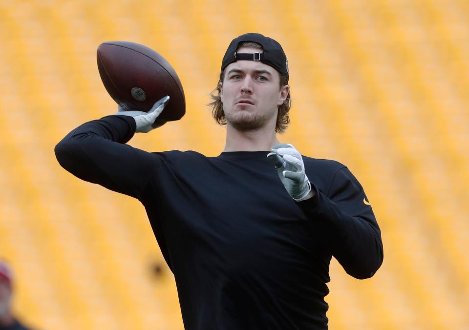 Dec 3, 2023; Pittsburgh, Pennsylvania, USA; Pittsburgh Steelers quarterback Kenny Pickett (8) warms up before the game against the Arizona Cardinals at Acrisure Stadium. Mandatory Credit: Charles LeClaire-USA TODAY Sports