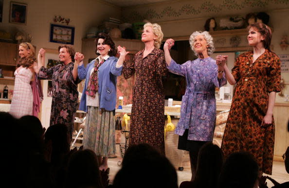 NEW YORK – APRIL 4: (U.S. TABLOIDS AND HOLLYWOOD REPORTER OUT) (L-R) Actresses Rebecca Gayheart, Marsha Mason, Delta Burke, Christine Ebersole, Frances Sternhagen and Lily Rabe take a bow at the opening night of “Steel Magnolias” at the Lyceum Theatre on April 4, 2005 in New York City. (Photo by Peter Kramer/Getty Images)
