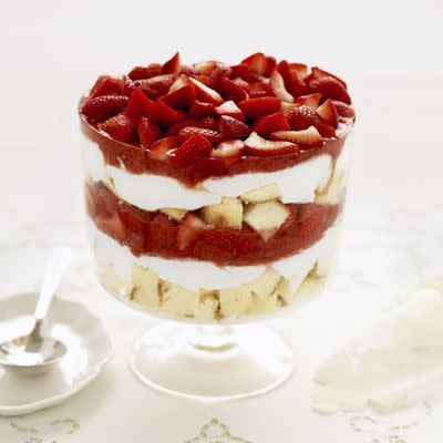 <p>Using store-bought madeira cake makes this an easy dessert to prepare for guests.</p><p>Get the <a href="https://www.delish.com/uk/cooking/recipes/a30256705/strawberry-rhubarb-trifle-amaretto-custard-recipe/" rel="nofollow noopener" target="_blank" data-ylk="slk:Strawberry Rhubarb Trifle;elm:context_link;itc:0;sec:content-canvas" class="link ">Strawberry Rhubarb Trifle</a> recipe. </p>