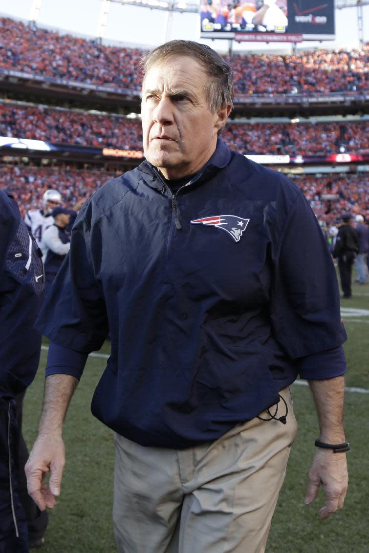 New England Patriots head coach Bill Belichick leaves after the AFC Championship NFL playoff football game in Denver, Sunday, Jan. 19, 2014. The Broncos defeated the Patriots 26-16 to advance to the Superr Bowl. (AP Photo/Julie Jacobson)