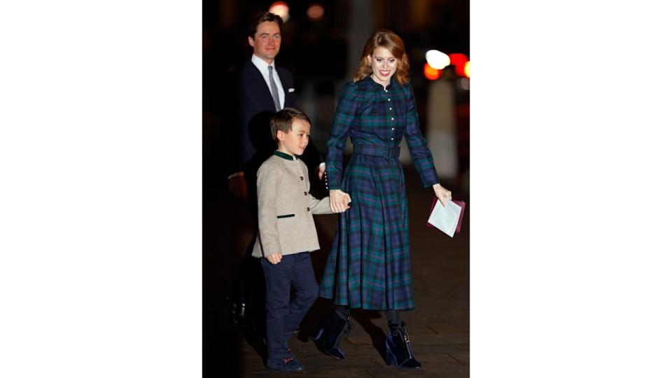 Edoardo Mapelli Mozzi, Christopher Woolf Mapelli Mozzi and Princess Beatrice attend The 'Together At Christmas' Carol Service at Westminster Abbey in 2023. Beatrice is wearing a tartan dress by Beulah London