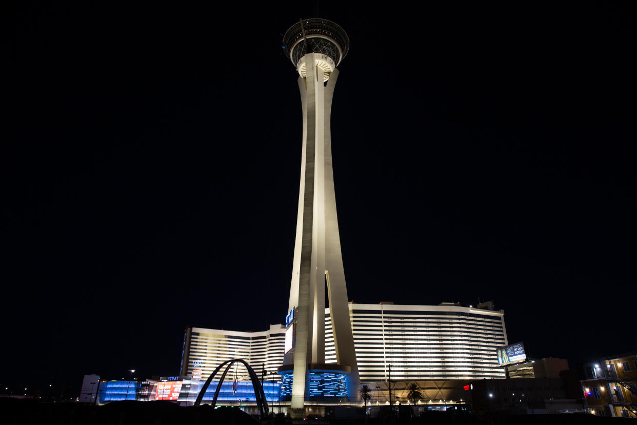 LAS VEGAS, NV - AUGUST 13:  The Strat Hotel & Casino (formerly Stratosphere Hotel & Casino) is viewed on August 13, 2023 in Las Vegas, Nevada. Tourism in America's Sin City has rebounded from Covid-19 with record numbers of visitors filling the hotels, restaurants, and casinos. (Photo by George Rose/Getty Images)