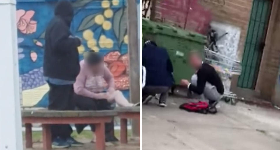 A drug user injects her leg on a bench in North Richmond, while others are seen crouched in a car park. 