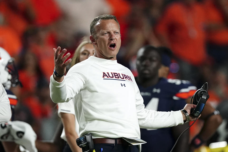 FILE - Auburn head coach Bryan Harsin is shown during the Tigers' loss to LSU in an NCAA college football game Saturday, Oct. 1, 2022, in Auburn, Ala. Harsin was selected hottest seat in the Associated Press SEC Midseason Awards, Wednesday, Oct. 12, 2022. (AP Photo/John Bazemore, File)