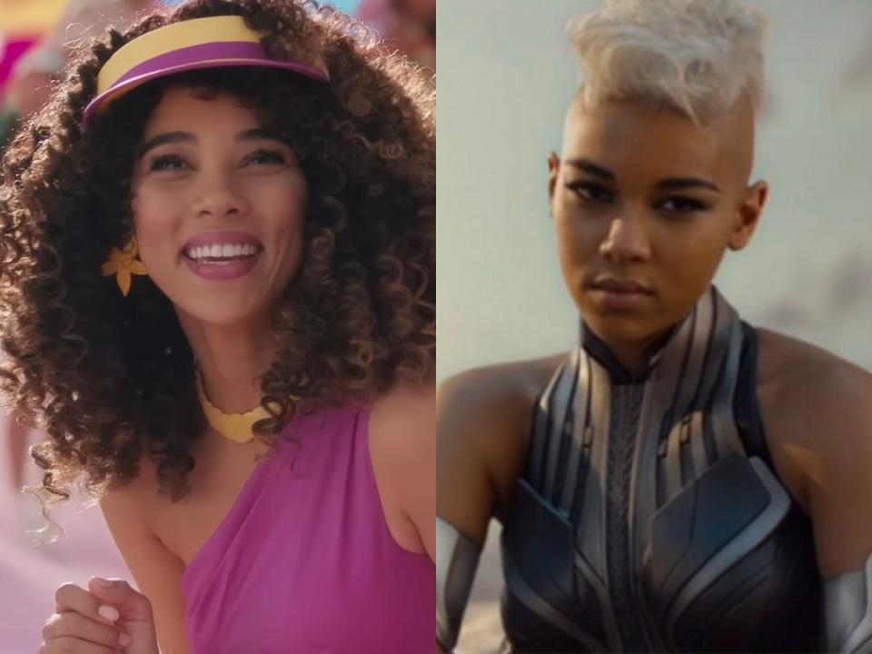 On the left: Alexandra Shipp in "Barbie." On the right: Shipp as Storm in "X-Men: Apocalypse."