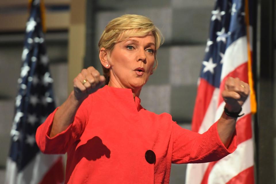 Former Michigan Governor Jennifer Granholm walks on stage during the 2016 Democratic National Convention.  Granholm spoke about the American auto industry and creating jobs in America 