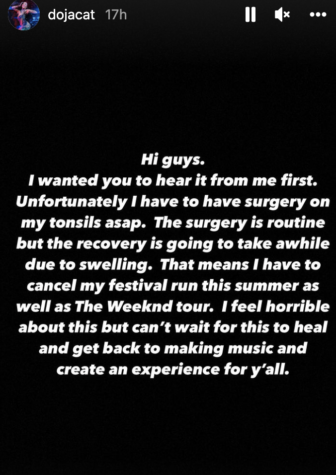 Doja's IG note apologizing for cancelling shows due to her surgery