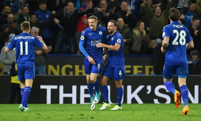 Leicester City's striker Jamie Vardy (2L) celebrates scoring his team's second goal during the English Premier League football match between Leicester City and Sunderland on April 4, 2017