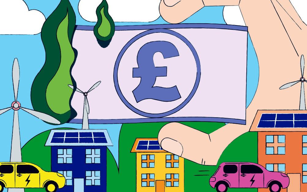 Money with green flames, wind turbines and electric cars.jpg