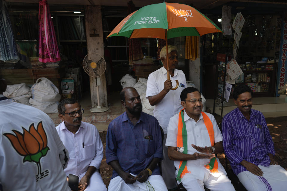 M. Abdul Salam, second right, the only Muslim candidate from the ruling Bharatiya Janata Party campaigns in Malappuram, in the southern Indian state of Kerala, on April 24, 2024. (AP Photo/Manish Swarup)