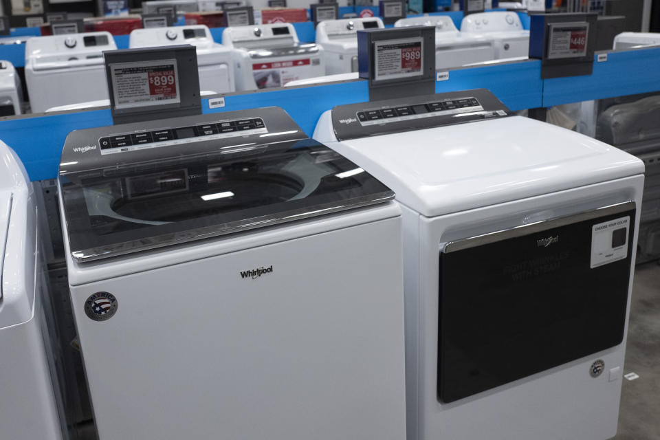 Whirlpool washing machines are displayed, Wednesday, April 21, 2021 in New York. (AP Photo/Mark Lennihan)