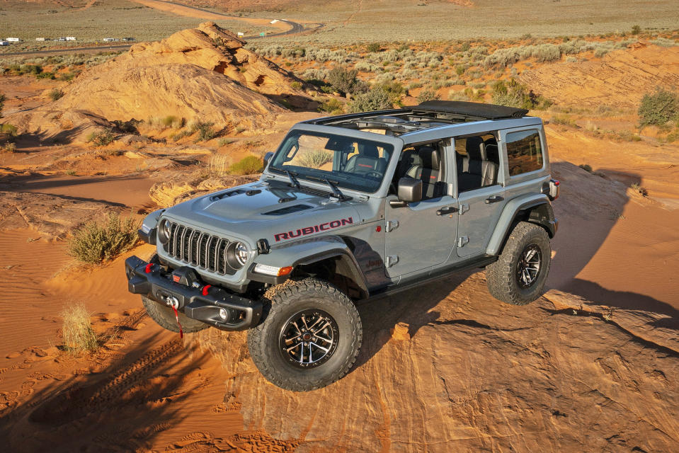 This photo provided by Stellantis, shows the Jeep Wrangler, a midsized off-road focused SUV that received several exterior and technology updates for 2024. (Courtesy of Stellantis via AP)