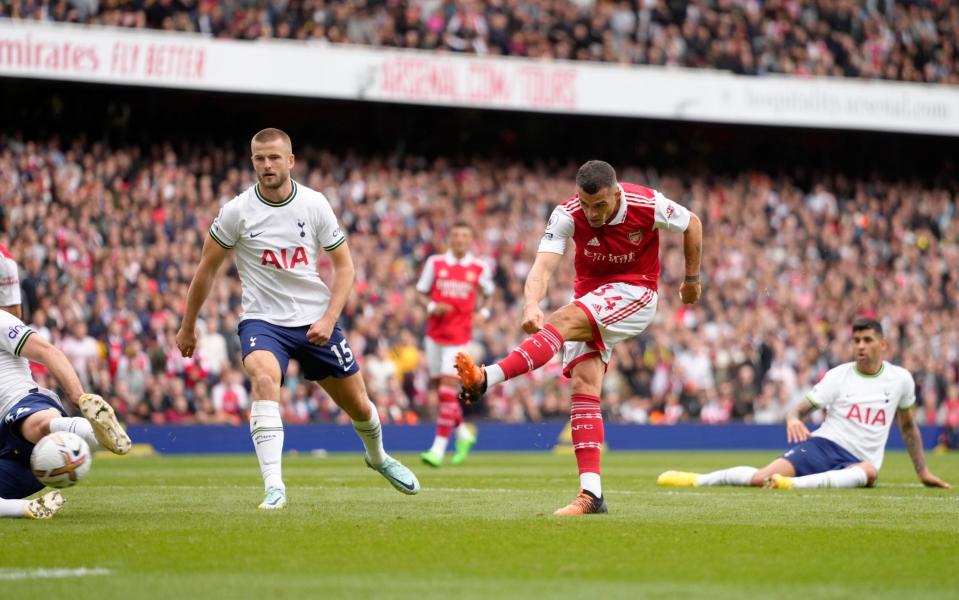 Arsenal's Granit Xhaka scores his side's third goal - AP