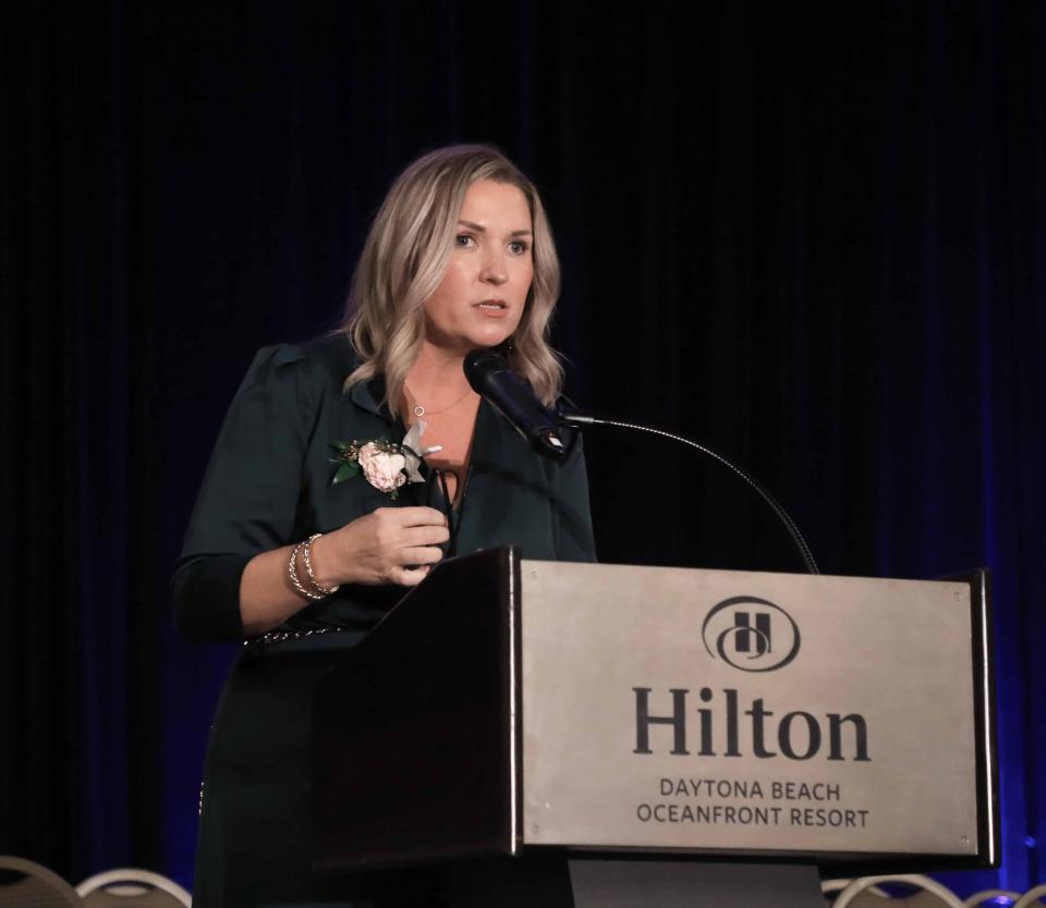 Emily Fagerstrom addresses the crowd after winning Volusia County Schools Teacher of the Year Sunday, Jan. 21. 2024.