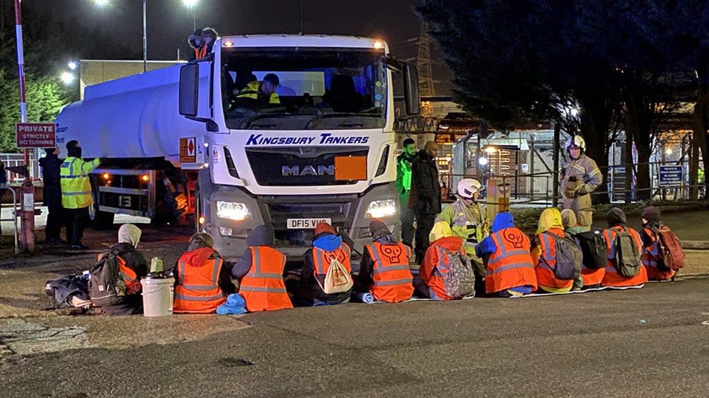 Operations at several oil terminals have been suspended after access roads were blocked by environmental group Just Stop Oil (Just Stop Oil/PA) (PA Media)