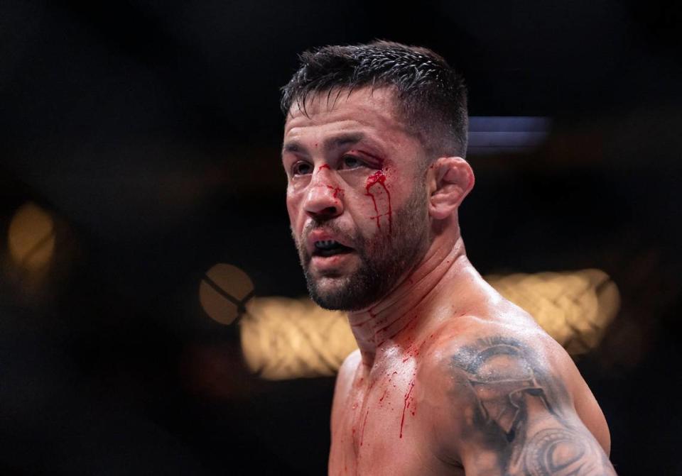 Pedro Munhoz of Brazil looks on as he fights against Kyler Phillips of the United States during their bantamweight title match during the UFC 299 event at the Kaseya Center on Saturday, March 9, 2024, in downtown Miami, Fla.