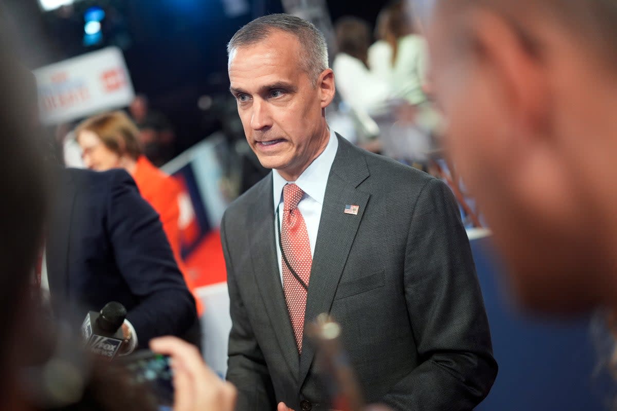 Corey Lewandowski speaks with reporters in the spin room before the presidential debate between President Joe Biden and Republican presidential candidate President Donald Trump. He is now set to rejoin the Trump campaign, despite being fired from previous campaigns. (AP)