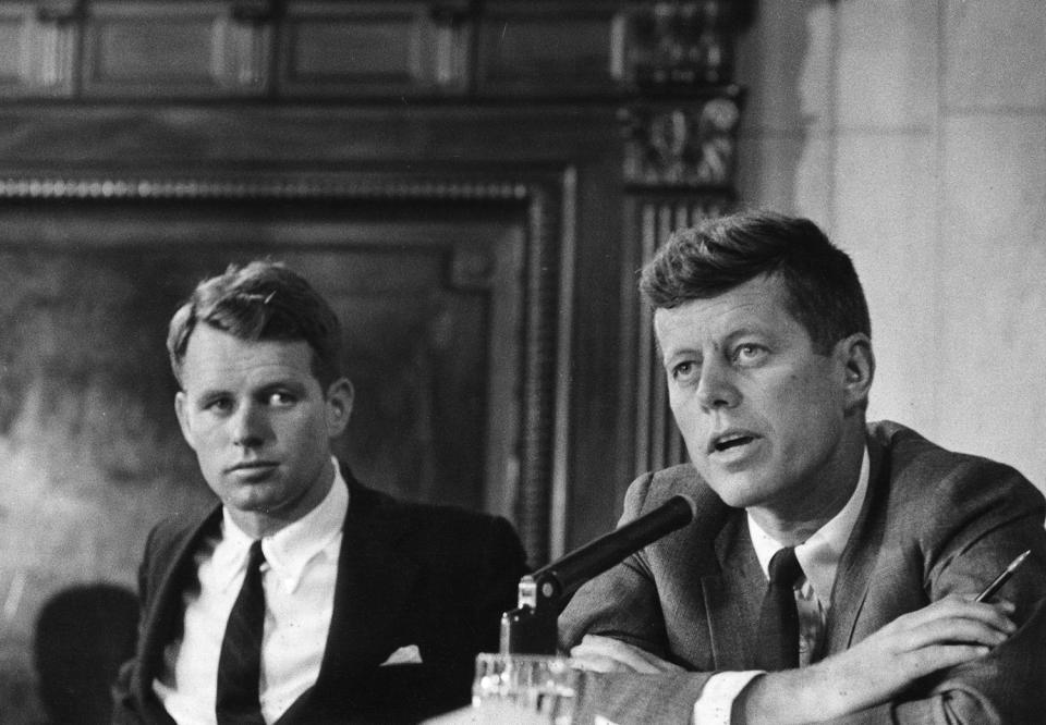 <p>Robert F. Kennedy, left, and John F. Kennedy during the McClellan Senate hearings investigating charges of corruption in labor unions in May 1957. (Photo: Douglas Jones for Look Magazine/John F. Kennedy Presidential Library and Museum) </p>