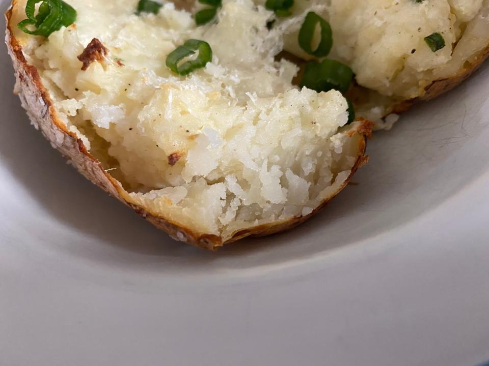 close-up shot of the crispy skin on a twice baked potato