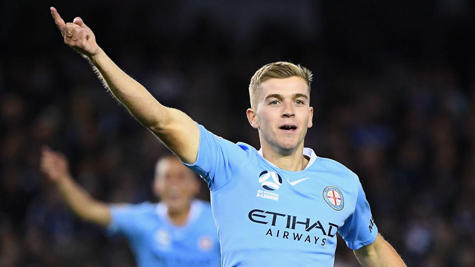 Riley McGree of the Melbourne City celebrates scoring the winning goal during the round one A-League match between Melbourne Victory and Melbourne City. Pic: Getty