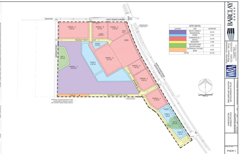 This preliminary master plan for North River Marketplace shows the location of potential commercial and residential sites on the 51.5-acre parcel. About 13.4 acres in the southwest portion of the site is the location where as many as 285 market rate multi-family homes would be built. This site plan was shown in 2023 when the project sought approval from the Sarasota County Commission.