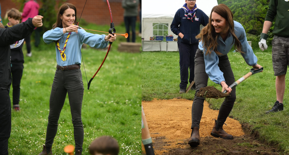 Split screen of kate middleton wearing green blouse, jeans and blundstone boots, Britain's Catherine, Princess of Wales helps to reset a path as she takes part in the Big Help Out, during a visit to the 3rd Upton Scouts Hut in Slough, west of London on May 8, 2023, where the family joined volunteers helping to renovate and improve the building. - People across Britain were on Monday asked to do their duty as the celebrations for King Charles III's coronation drew to a close with a massive volunteering drive. (Photo by Daniel LEAL / POOL / AFP) (Photo by DANIEL LEAL/POOL/AFP via Getty Images)