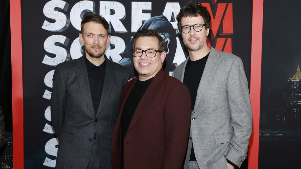 NEW YORK, NEW YORK - MARCH 06: (L-R) Matt Bettinelli-Olpin, Chad Villella and Tyler Gillett attend the Global Premiere of Paramount Pictures and Spyglass Media Group's "Scream VI" at AMC Lincoln Square on March 6, 2023 in New York, New York. (Photo by Jason Mendez/Getty Images for Paramount Pictures)