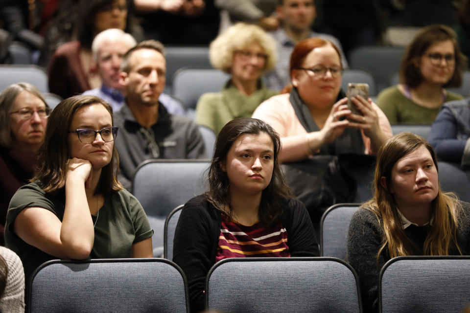 Drake University students listen to Sen. Kamala Harris, D-Calif., speak, Monday, Jan. 28, 2019, in Des Moines, Iowa. Harris formally announced on Sunday that she was seeking the Democratic presidential nomination. (AP Photo/Charlie Neibergall)