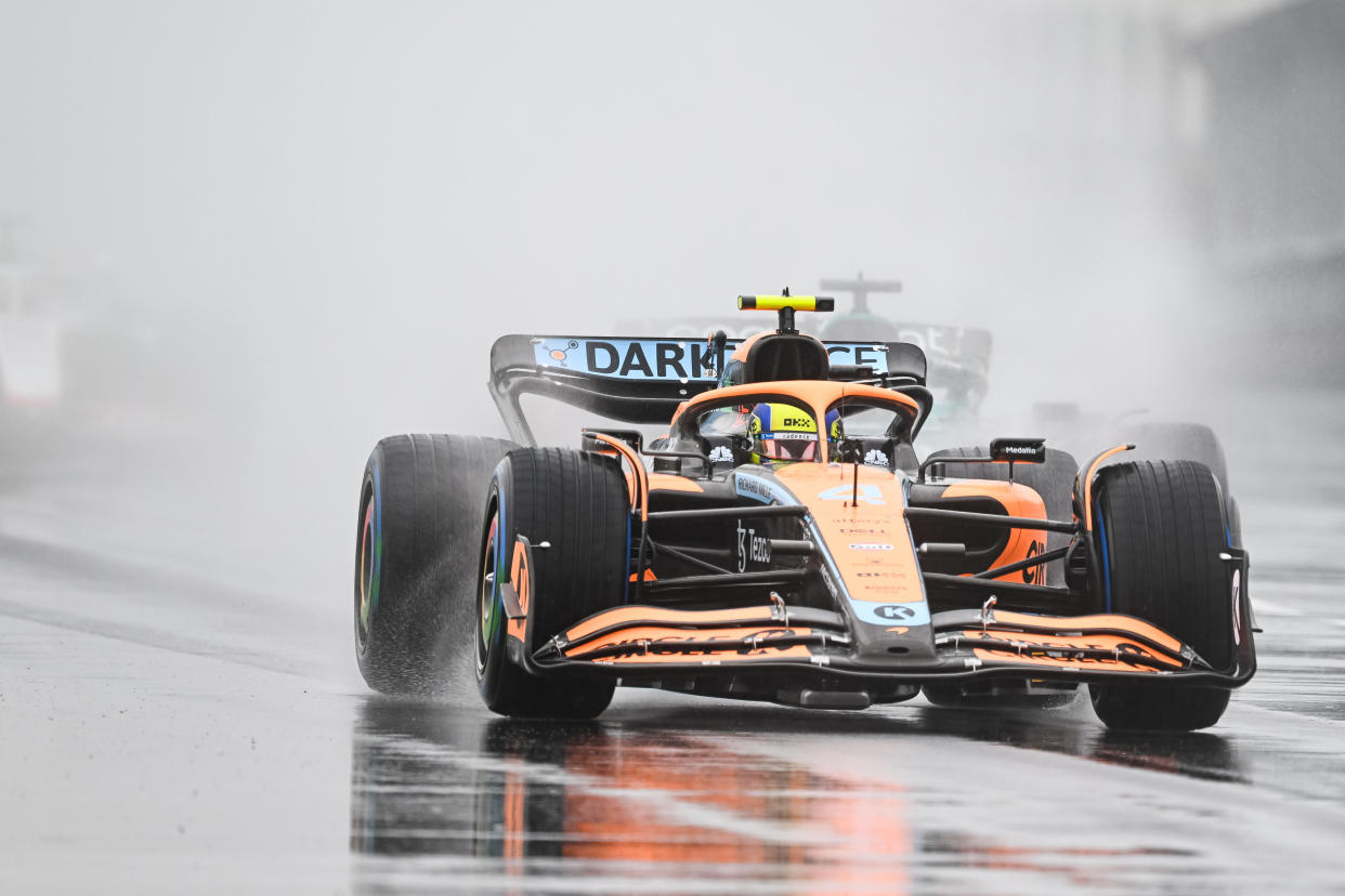 Jun 18, 2022; Montreal, Quebec, CAN; Mclaren driver Lando Norris of United Kingdom exits the pit lane during the qualifying session at Circuit Gilles Villeneuve. Mandatory Credit: David Kirouac-USA TODAY Sports
