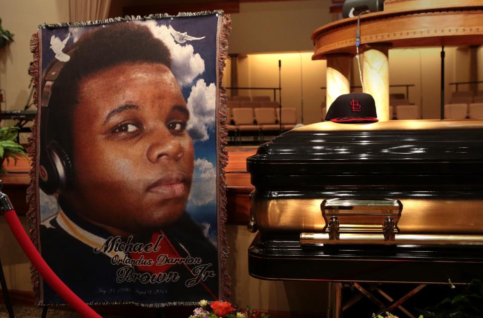 The casket of Michael Brown sits inside Friendly Temple Missionary Baptist Church awaiting the start of his funeral on Aug. 25, 2014, in St. Louis. (Photo: Pool via Getty Images)