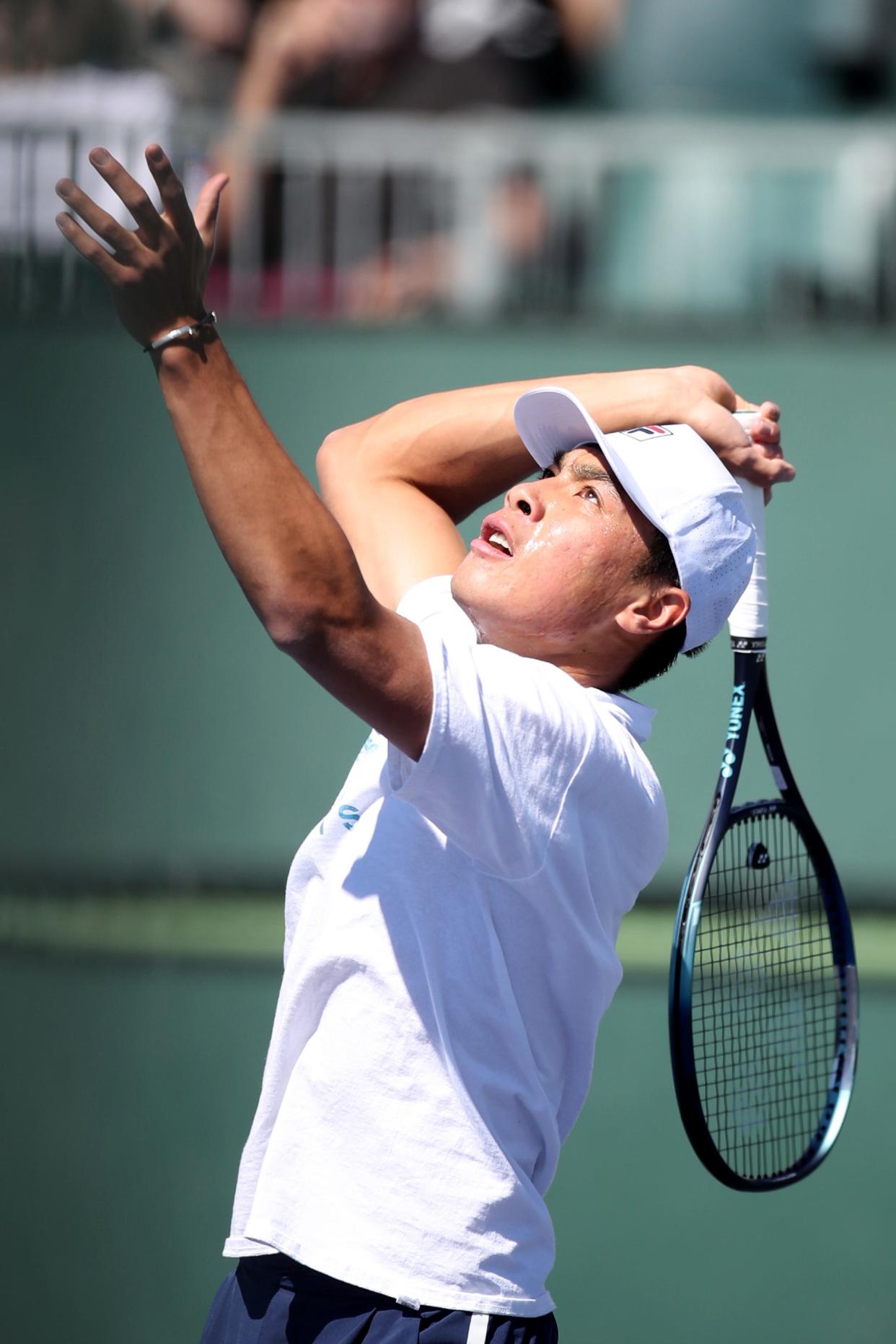American Brandon Nakashima practices during day two of the BNP Paribas Open at the Indian Wells Tennis Garden in Indian Wells, Calif., on Tuesday, March 7, 2023.
