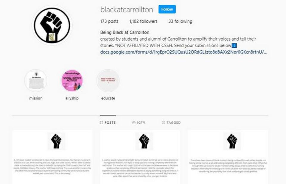 A “Being Black at Carrollton” Instagram account was purportedly created by students and alumni to amplify their voices and stories about overt and subtle racism at Carrollton School of the Sacred Heart.