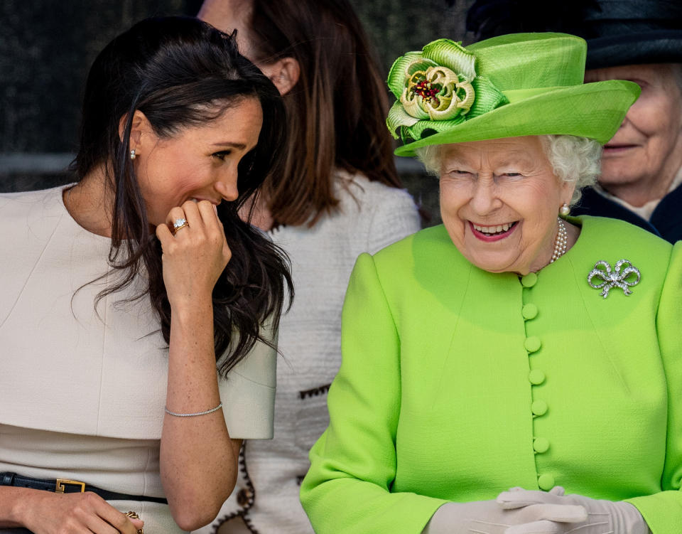 Meghan Markle and Queen Elizabeth share a laugh during their trip to Cheshire. (Photo: Mark Cuthbert/UK Press via Getty Images)