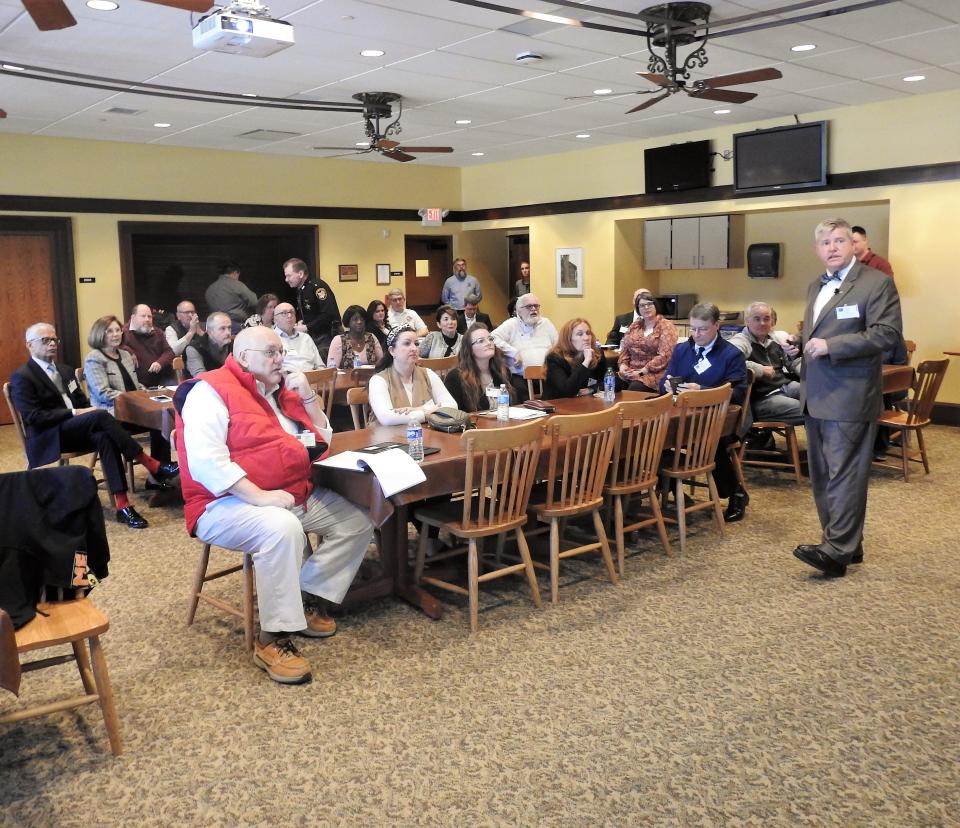 President John Berry of Central Ohio Technical College gives a presentation to local community stakeholders and COTC staff about the state of the college with a focus on providing employees for Intel at a recent state of the college address at Montgomery Hall on the Coshocton campus.