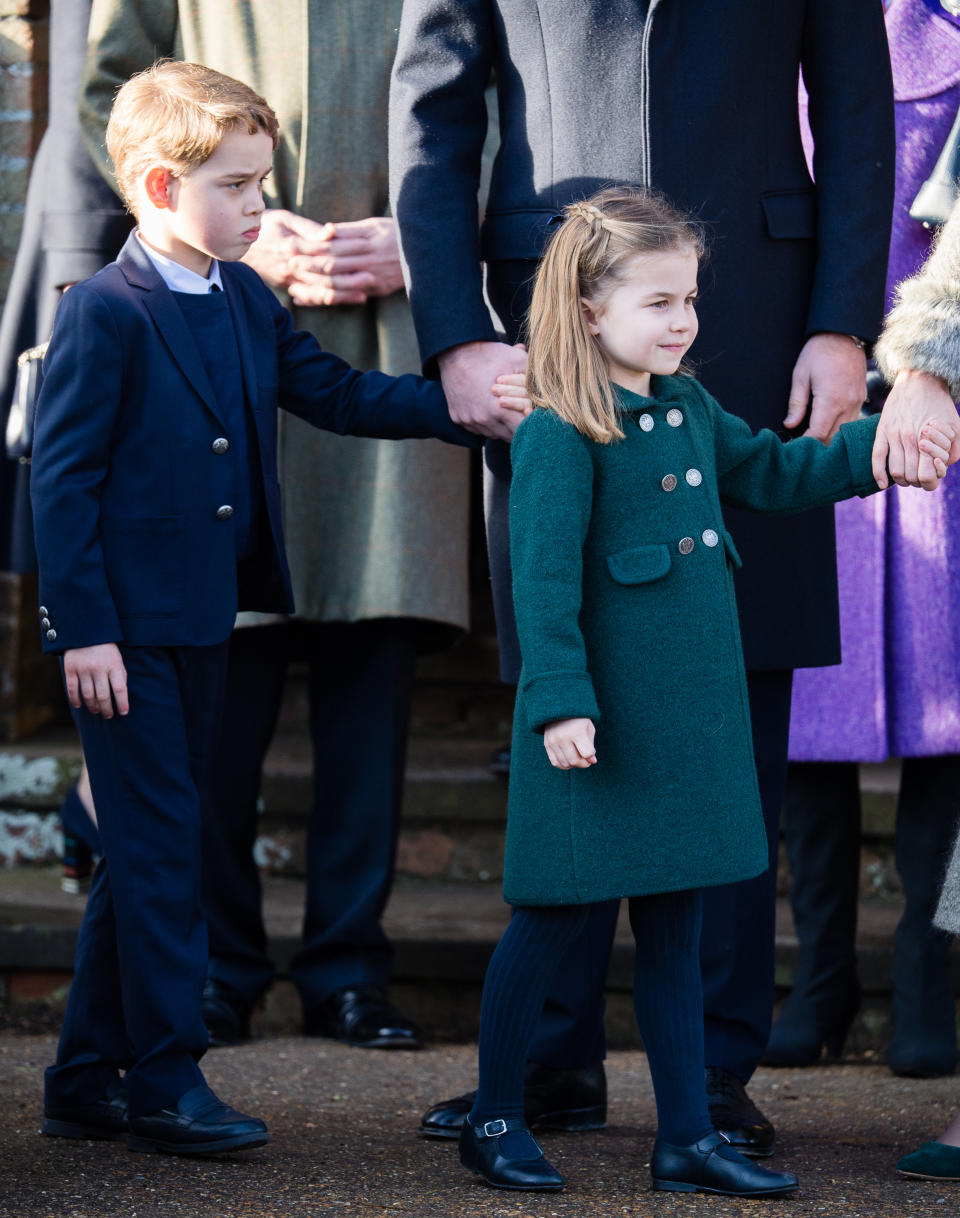 A photo of Prince George of Cambridge and Princess Charlotte of Cambridge at the Christmas Day Church service at Church of St Mary Magdalene on the Sandringham estate on December 25, 2019 in King's Lynn, United Kingdom.