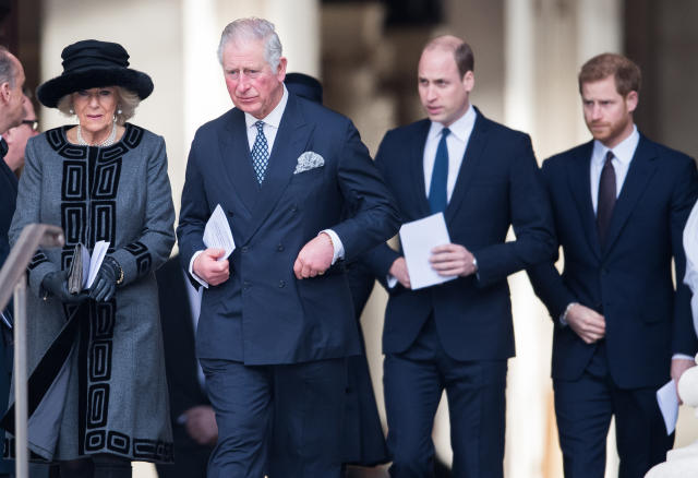 LONDON, ENGLAND - DECEMBER 14:  Prince Charles, Prince of Wales,  Camilla, Duchess of Cornwall, Prince William, Duke of Cambridge and Prince Harry attend the Grenfell Tower national memorial service held at St Paul&#39;s Cathedral on December 14, 2017 in London, England.  (Photo by Samir Hussein/Samir Hussein/WireImage)
