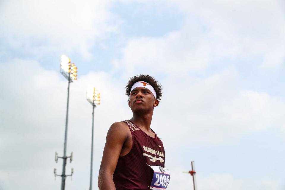 Tuloso-Midway's Jayden McCoy competes in the Class 4A long jump at the UIL State Track and Field meet, Thursday, May 11, 2023, at Mike A. Myers Stadium in Austin.