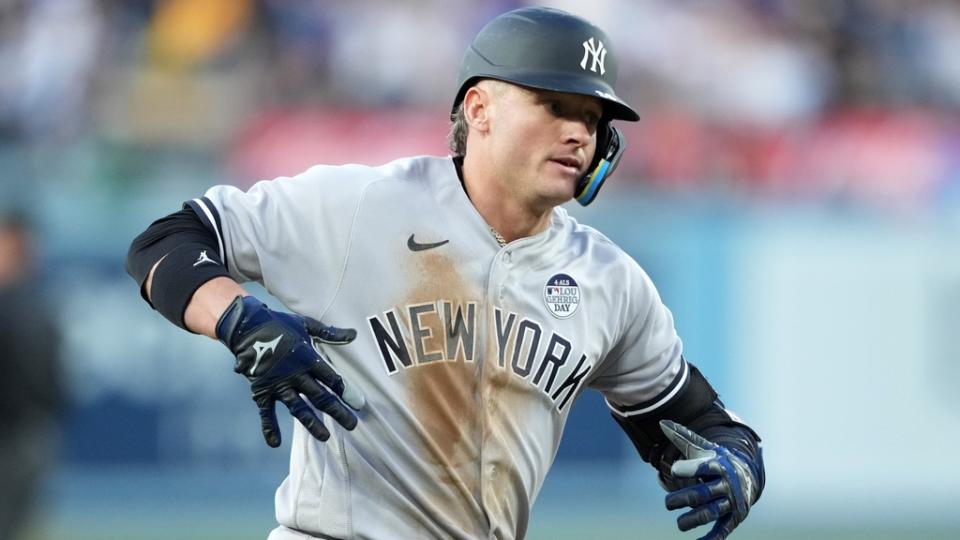 New York Yankees third baseman Josh Donaldson (28) celebrates after hitting a solo home run in the second inning against the Los Angeles Dodgers at Dodger Stadium