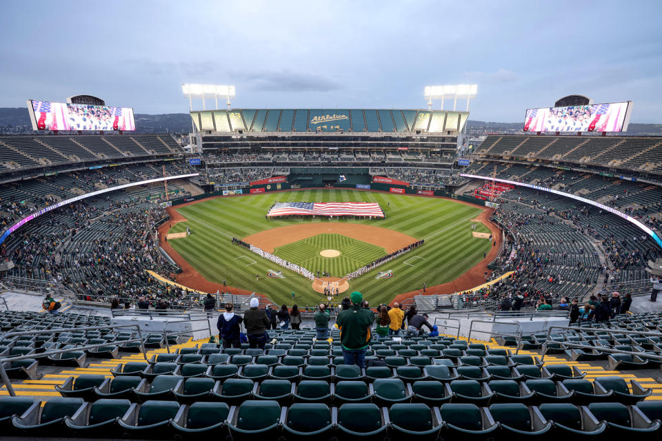 Oakland Coliseum aerial view, a mostly empty stadium (Ezra Shaw / Getty Images file)