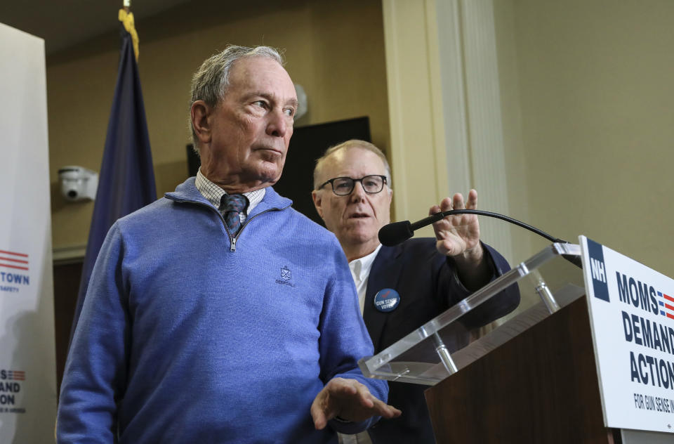 Former New York Mayor Michael Bloomberg prepares to take questions after speaking at a Moms Demand Action gun safety rally at City Hall in Nashua, N.H. Saturday, Oct. 13, 2018. (AP Photo/ Cheryl Senter)