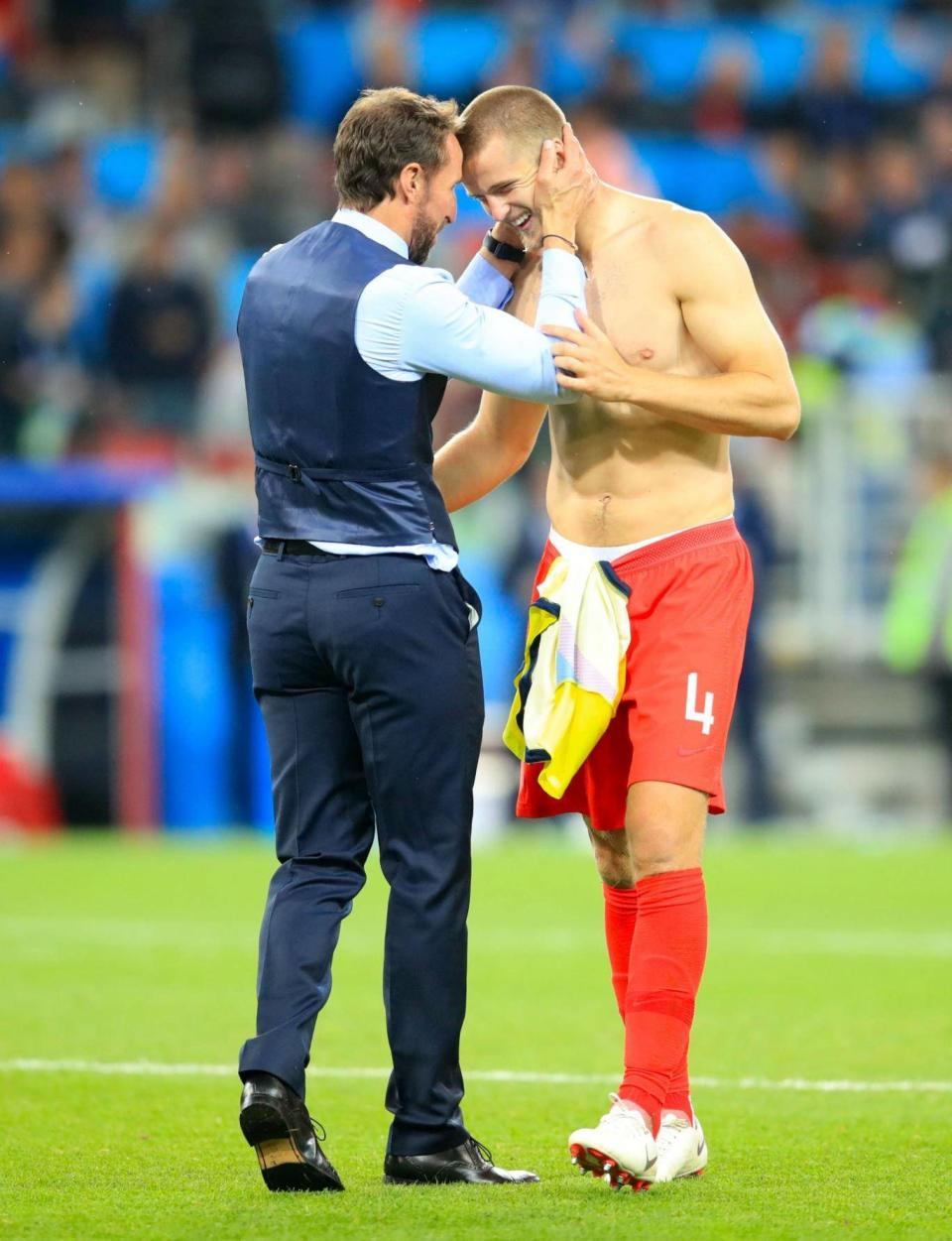 England manager Gareth Southgate celebrates with England's Eric Dier after he scores the winning penalty (PA)