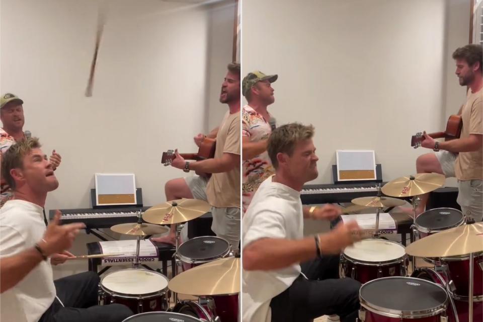 <p>Chris Hemsworth/Instagram</p> Chris, Luke and Liam Hemsworth jam out to a Green Day song.