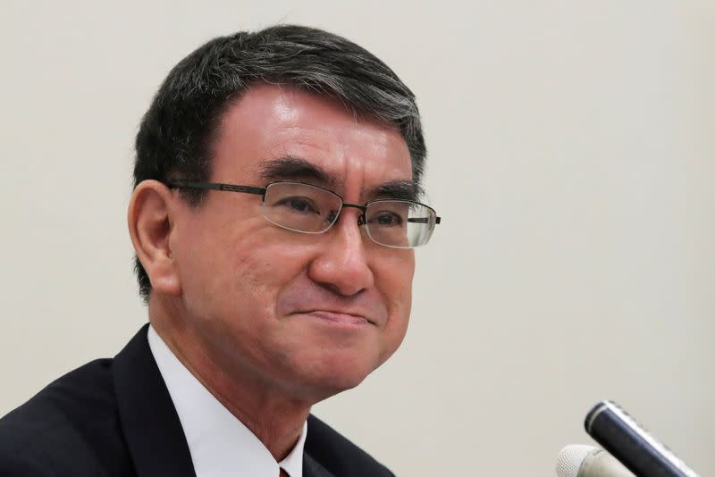 FILE PHOTO: Japan's Vaccine Minister Taro Kono attends a group interview in Tokyo