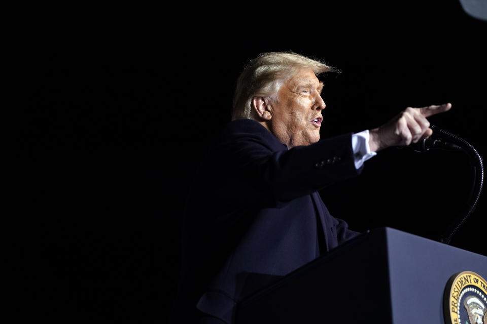 President Donald Trump speaks during a campaign rally at John Murtha Johnstown-Cambria County Airport, Tuesday, Oct. 13, 2020, in Johnstown, Pa. (AP Photo/Evan Vucci)