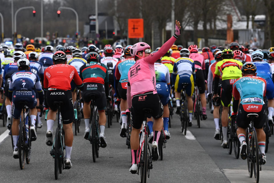 WAREGEM BELGIUM  MARCH 29 A general view of Stefan Bissegger of Switzerland and Team EF Education  Easypost calls for assistance to his team car during the 77th Dwars Door Vlaanderen 2023  Mens Elite a 1837km one day race from Roeselare to Waregem  DDV23  on March 29 2023 in Waregem Belgium Photo by Tim de WaeleGetty Images