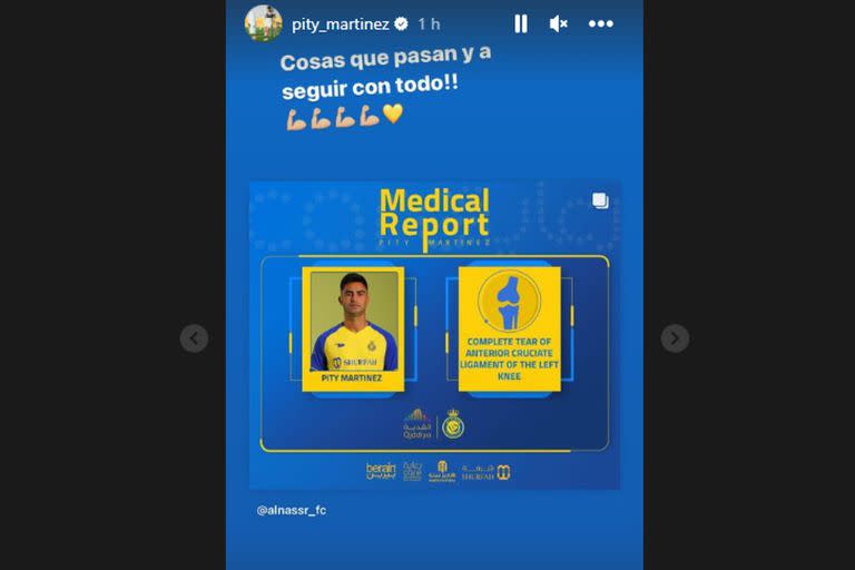 El mensaje de Gonzalo "Pity" Martínez en su cuenta de Instagram, tras la lesión en una rodilla.