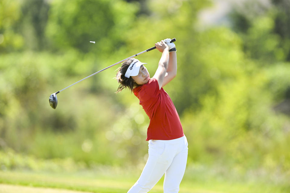 Frances Kim plays her tee shot on the 16th hole during the second round of the 2023 U.S. Women’s Amateur Four-Ball at The Home Course in DuPont, Wash. on Sunday, May 14, 2023. (Kathryn Riley/USGA)