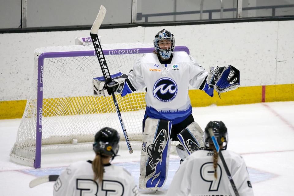 Amanda Leveille celebrates with her former team, the Minnesota Whitecaps of the Premier Hockey Federation. She was drafted to PWHL Minnesota in September.